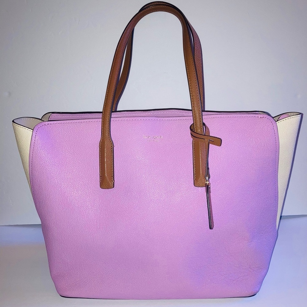 Kate Spade Large Pebbled Leather Lavender and Cream Tote Bag with Brown Handles